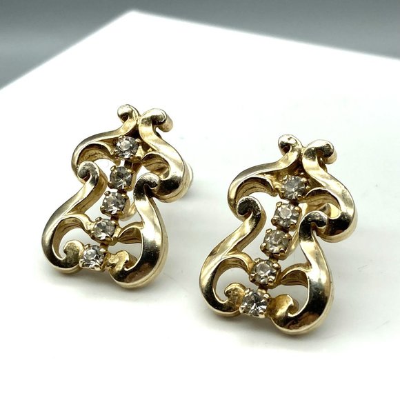 Elegant Vintage Flourish Earrings, Polished Gold Tone Screw Back Scrollwork - Picture 4 of 6
